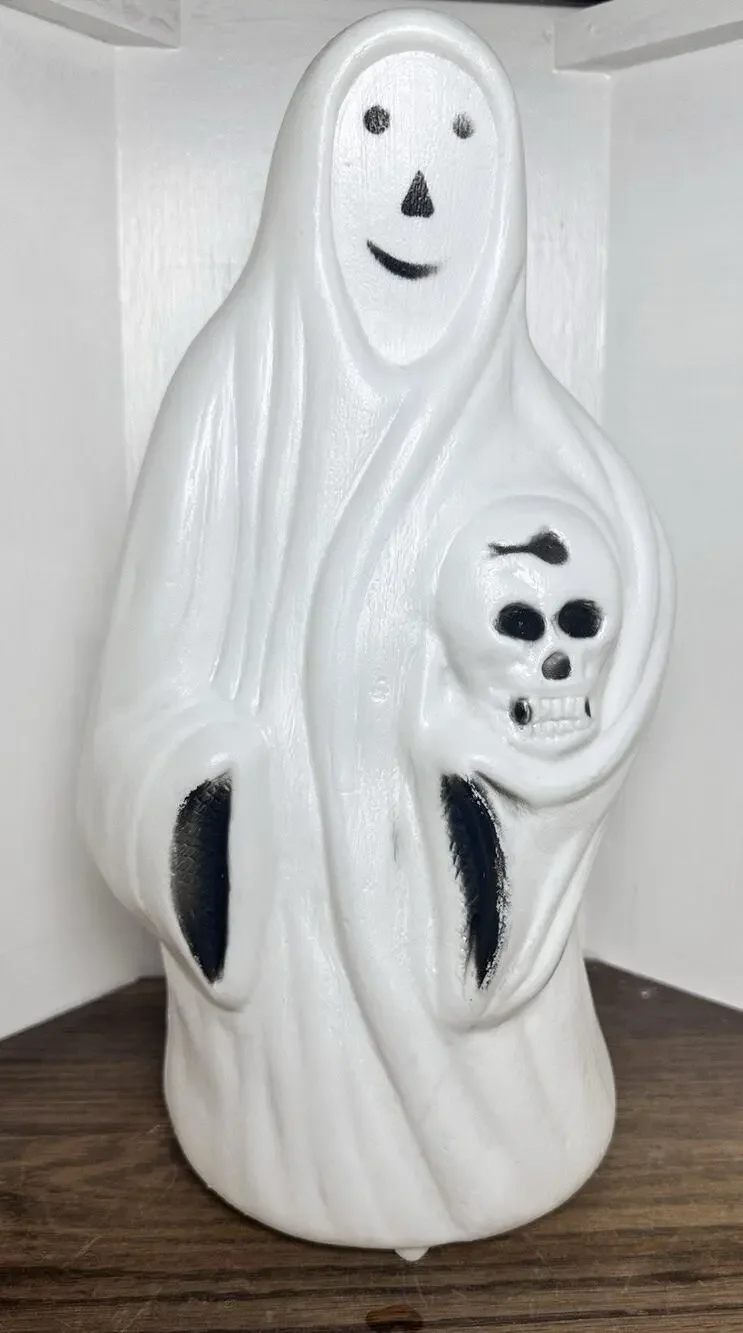 Vintage Blow Mold Halloween Ghost with Skull 13 Inches Tall Bayshore NO LIGHT